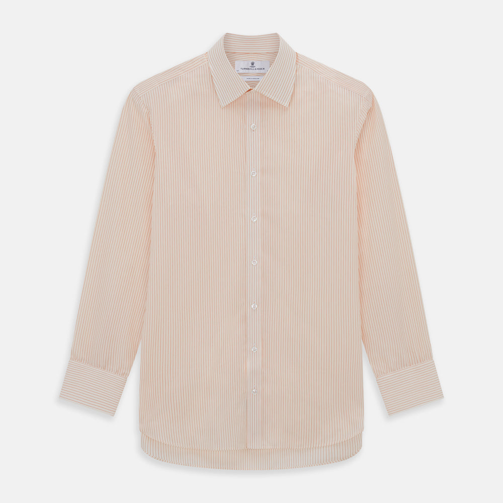 The Turnbull & Asser Orange Pinstripe Mayfair Shirt with a T&A collar and thin peach and white stripes is laid flat on a white background.
