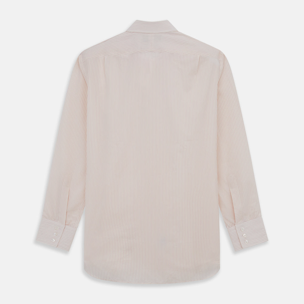 The Pink Pinstripe Mayfair Shirt by Turnbull & Asser is a long-sleeved, light pink organic cotton shirt with subtle pink pinstripes, classic collar, and buttoned cuffs, shown flat on a white background.
