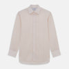 View 1 of product The Pink Pinstripe Mayfair Shirt by Turnbull & Asser is a long-sleeved, light pink organic cotton shirt with subtle pink pinstripes, classic collar, and buttoned cuffs, shown flat on a white background.