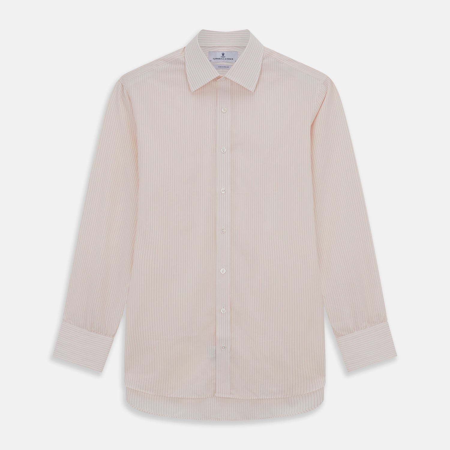 View 1 of product The Pink Pinstripe Mayfair Shirt by Turnbull & Asser is a long-sleeved, light pink organic cotton shirt with subtle pink pinstripes, classic collar, and buttoned cuffs, shown flat on a white background.