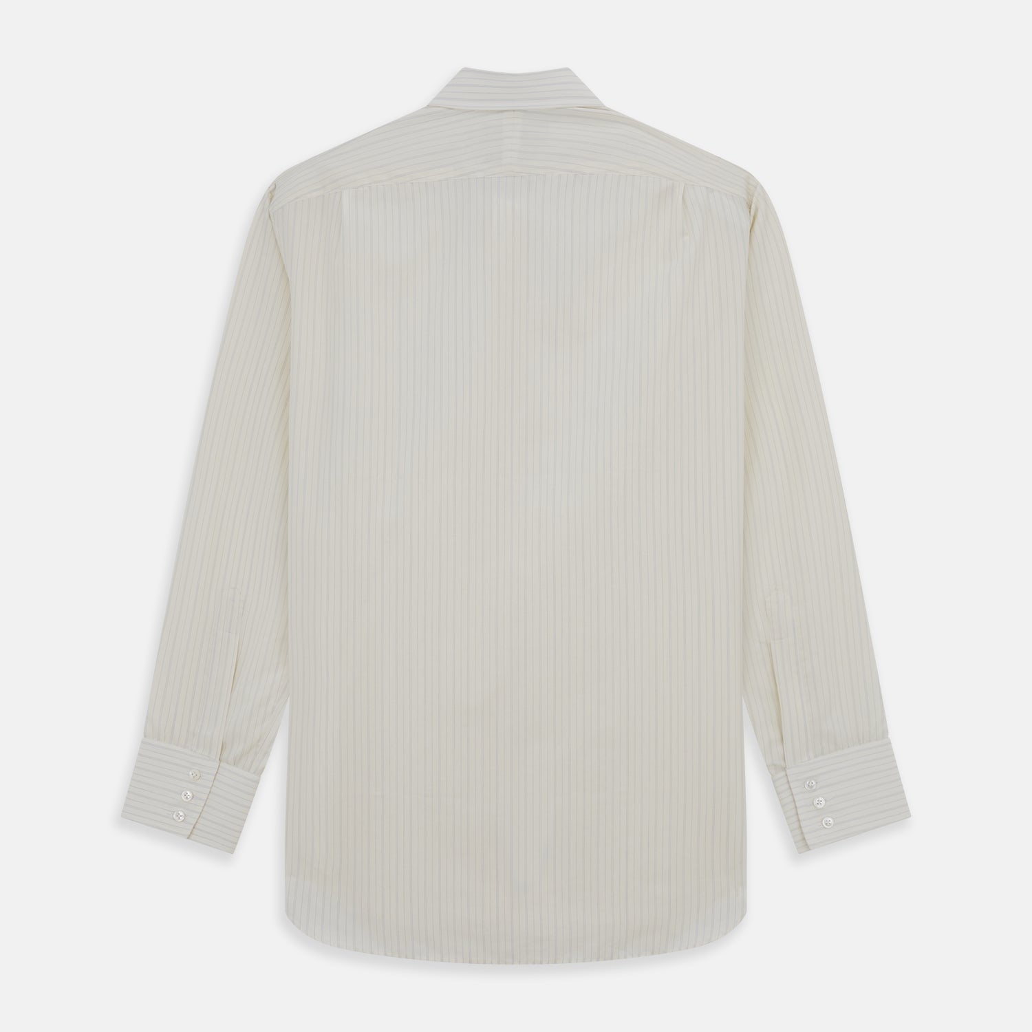 View 5 of product The Turnbull & Asser Pale Blue Fine Track Stripe Mayfair Shirt is a long-sleeve, cream-colored organic cotton shirt with subtle pale blue stripes, a T&A collar, and buttoned cuffs, shown on a plain white background.