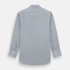 View 5 of product The Turnbull & Asser Blue and White Pencil Stripe Mayfair Shirt features breathable cotton, a standard collar, buttoned cuffs, and white buttons, shown laid flat on a white background.