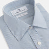 View 2 of product The Turnbull & Asser Blue and White Pencil Stripe Mayfair Shirt features breathable cotton, a standard collar, buttoned cuffs, and white buttons, shown laid flat on a white background.