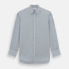 View 1 of product The Turnbull & Asser Blue and White Pencil Stripe Mayfair Shirt features breathable cotton, a standard collar, buttoned cuffs, and white buttons, shown laid flat on a white background.