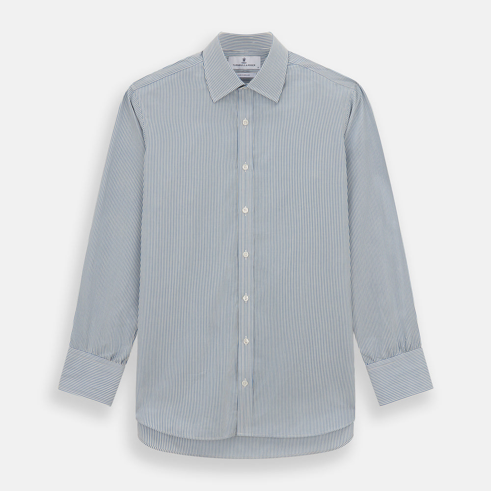 The Turnbull & Asser Blue and White Pencil Stripe Mayfair Shirt features breathable cotton, a standard collar, buttoned cuffs, and white buttons, shown laid flat on a white background.