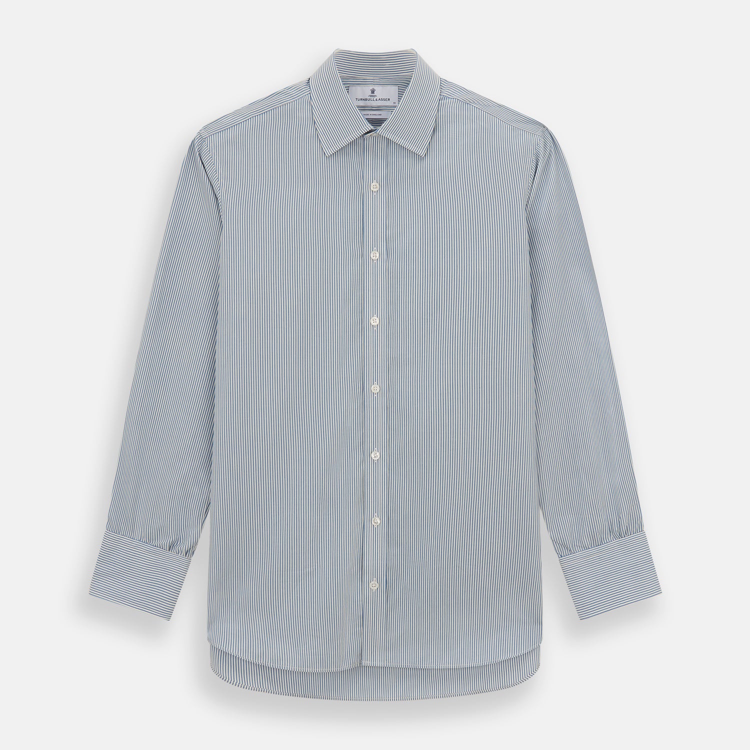 View 1 of product The Turnbull & Asser Blue and White Pencil Stripe Mayfair Shirt features breathable cotton, a standard collar, buttoned cuffs, and white buttons, shown laid flat on a white background.