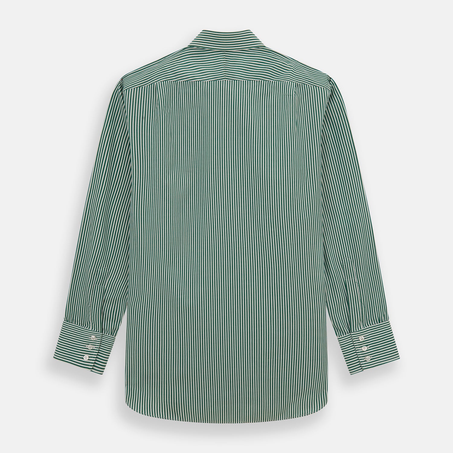 View 5 of product The Dark Green Bengal Stripe Mayfair Shirt by Turnbull & Asser is a long-sleeve, breathable cotton button-up with a pointed collar and buttoned cuffs on a white background.