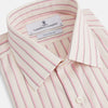View 2 of product The Pink Fine Track Stripe Mayfair Shirt by Turnbull & Asser features a T&A collar, long sleeves, button cuffs, thin red stripes on breathable cotton, and a slightly curved hem.
