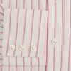 View 3 of product The Pink Fine Track Stripe Mayfair Shirt by Turnbull & Asser features a T&A collar, long sleeves, button cuffs, thin red stripes on breathable cotton, and a slightly curved hem.