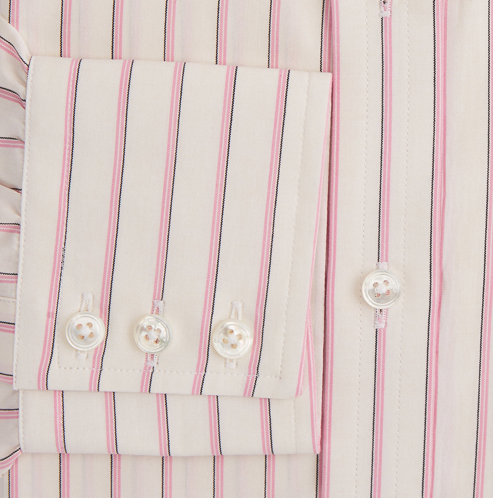 The Pink Fine Track Stripe Mayfair Shirt by Turnbull & Asser features a T&A collar, long sleeves, button cuffs, thin red stripes on breathable cotton, and a slightly curved hem.