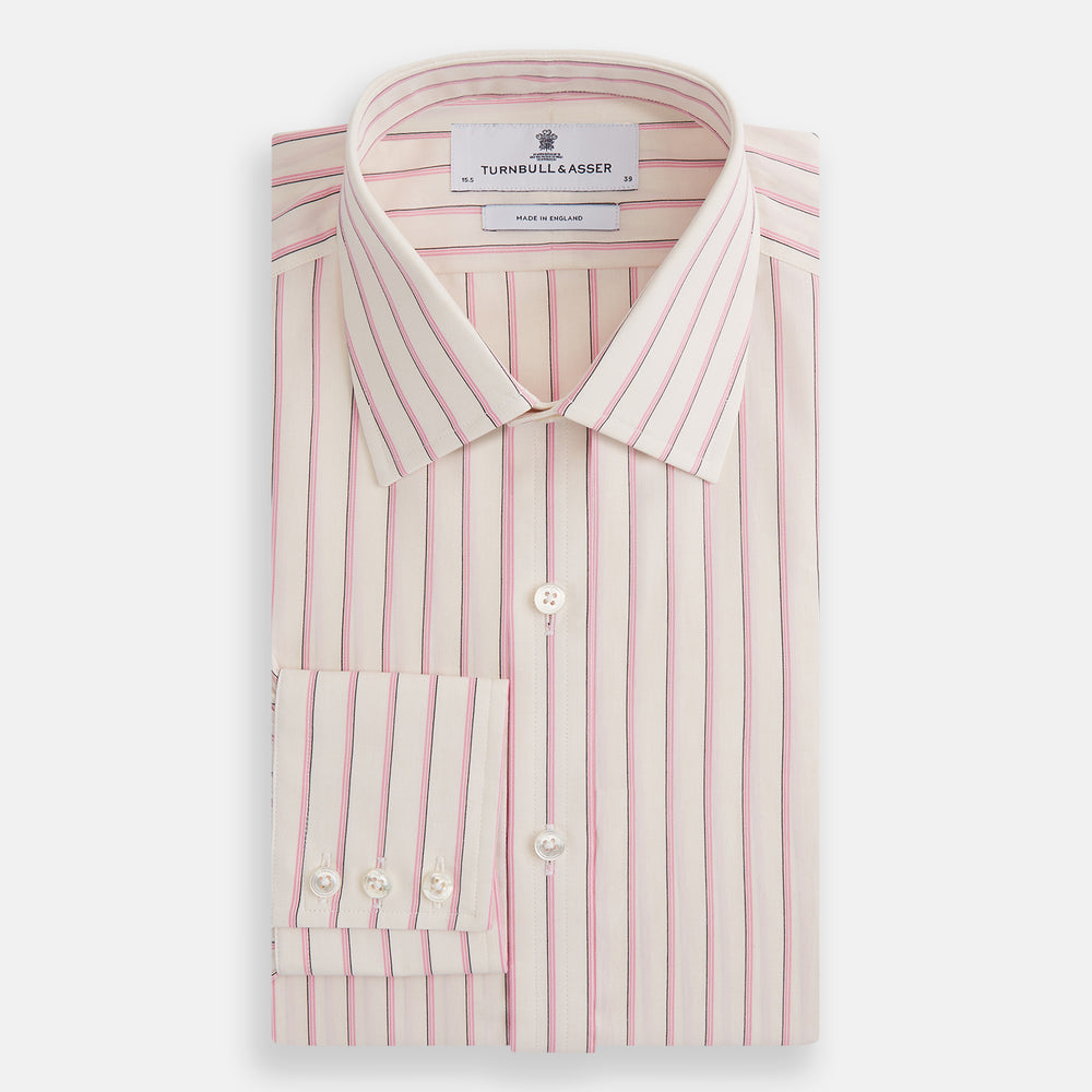 The Pink Fine Track Stripe Mayfair Shirt by Turnbull & Asser features a T&A collar, long sleeves, button cuffs, thin red stripes on breathable cotton, and a slightly curved hem.