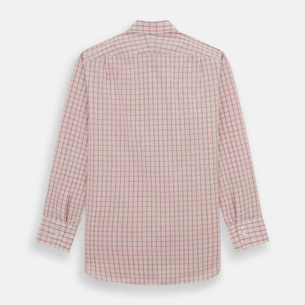 The Pink Shadow Check Mayfair Shirt by Turnbull & Asser is a long-sleeve, button-up cotton shirt with a collar, white base, and pink/red checks. It features buttoned cuffs and is shown neatly laid flat on a white background.