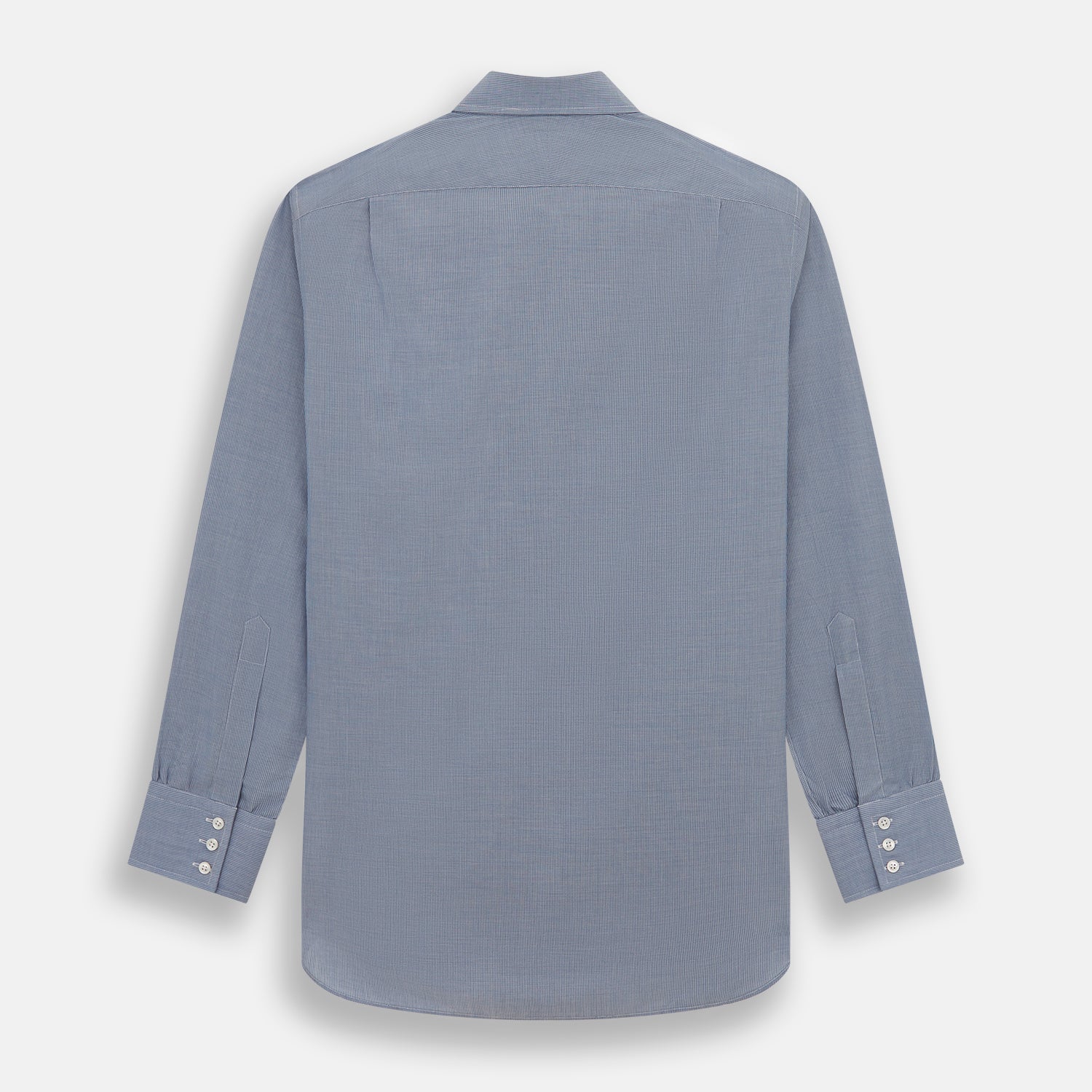 View 5 of product The Turnbull & Asser Blue Pencil Stripe Mayfair Shirt is crafted from organic cotton with a classic collar, white buttons, and buttoned cuffs. Shown laid flat on a white background.