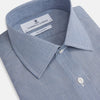 View 2 of product The Turnbull & Asser Blue Pencil Stripe Mayfair Shirt is crafted from organic cotton with a classic collar, white buttons, and buttoned cuffs. Shown laid flat on a white background.