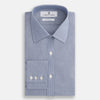 View 4 of product The Turnbull & Asser Blue Pencil Stripe Mayfair Shirt is crafted from organic cotton with a classic collar, white buttons, and buttoned cuffs. Shown laid flat on a white background.