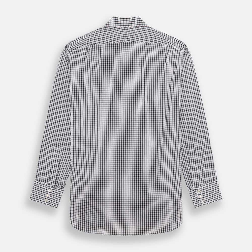 The Turnbull & Asser Midnight Blue Double Graph Check Mayfair Shirt features a pointed collar and buttoned cuffs. Crafted from breathable cotton, this stylish shirt ensures comfort and is shown against a white background.