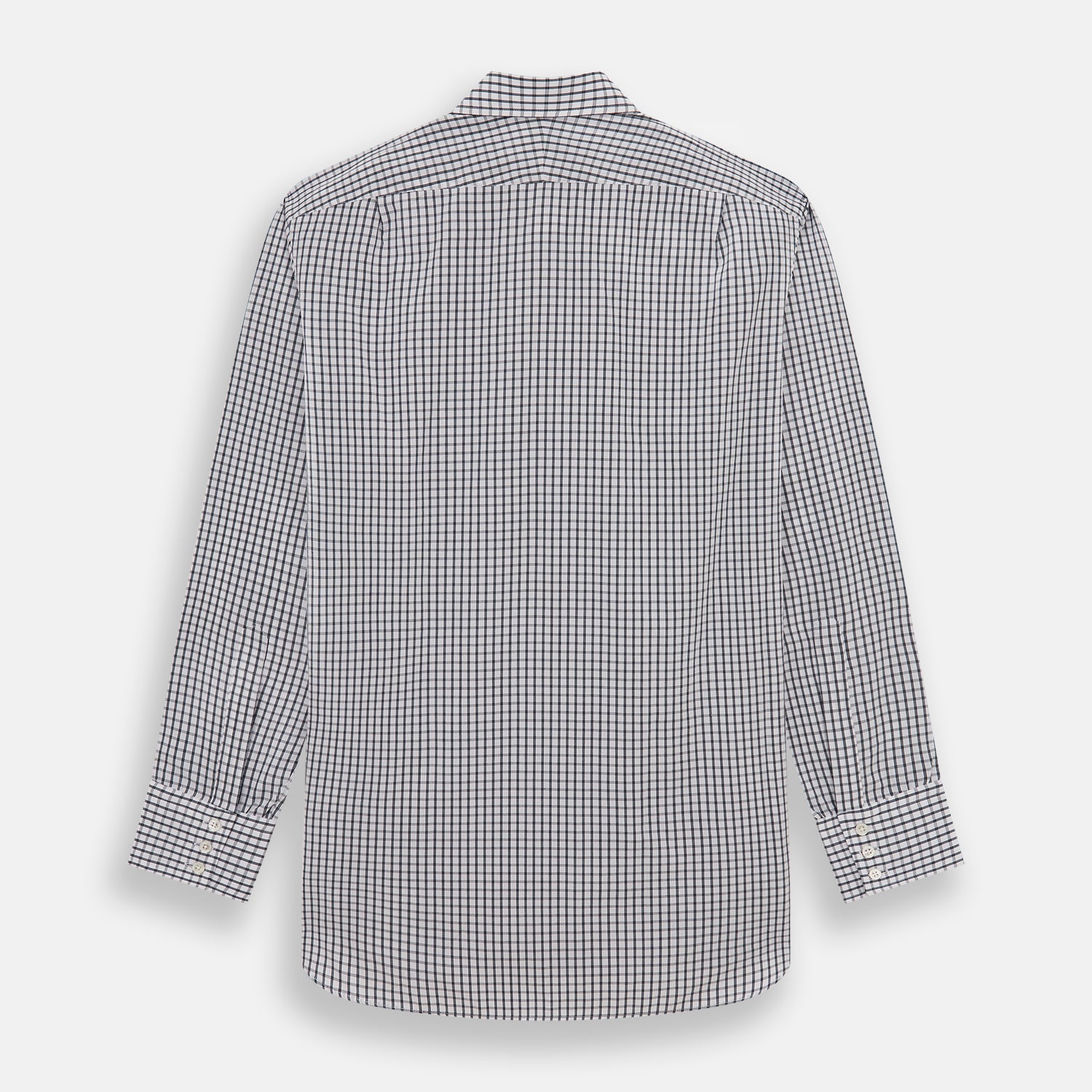 View 5 of product The Turnbull & Asser Midnight Blue Double Graph Check Mayfair Shirt features a pointed collar and buttoned cuffs. Crafted from breathable cotton, this stylish shirt ensures comfort and is shown against a white background.