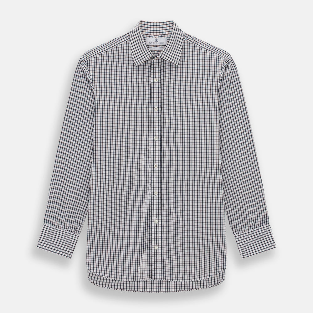 The Turnbull & Asser Midnight Blue Double Graph Check Mayfair Shirt features a pointed collar and buttoned cuffs. Crafted from breathable cotton, this stylish shirt ensures comfort and is shown against a white background.
