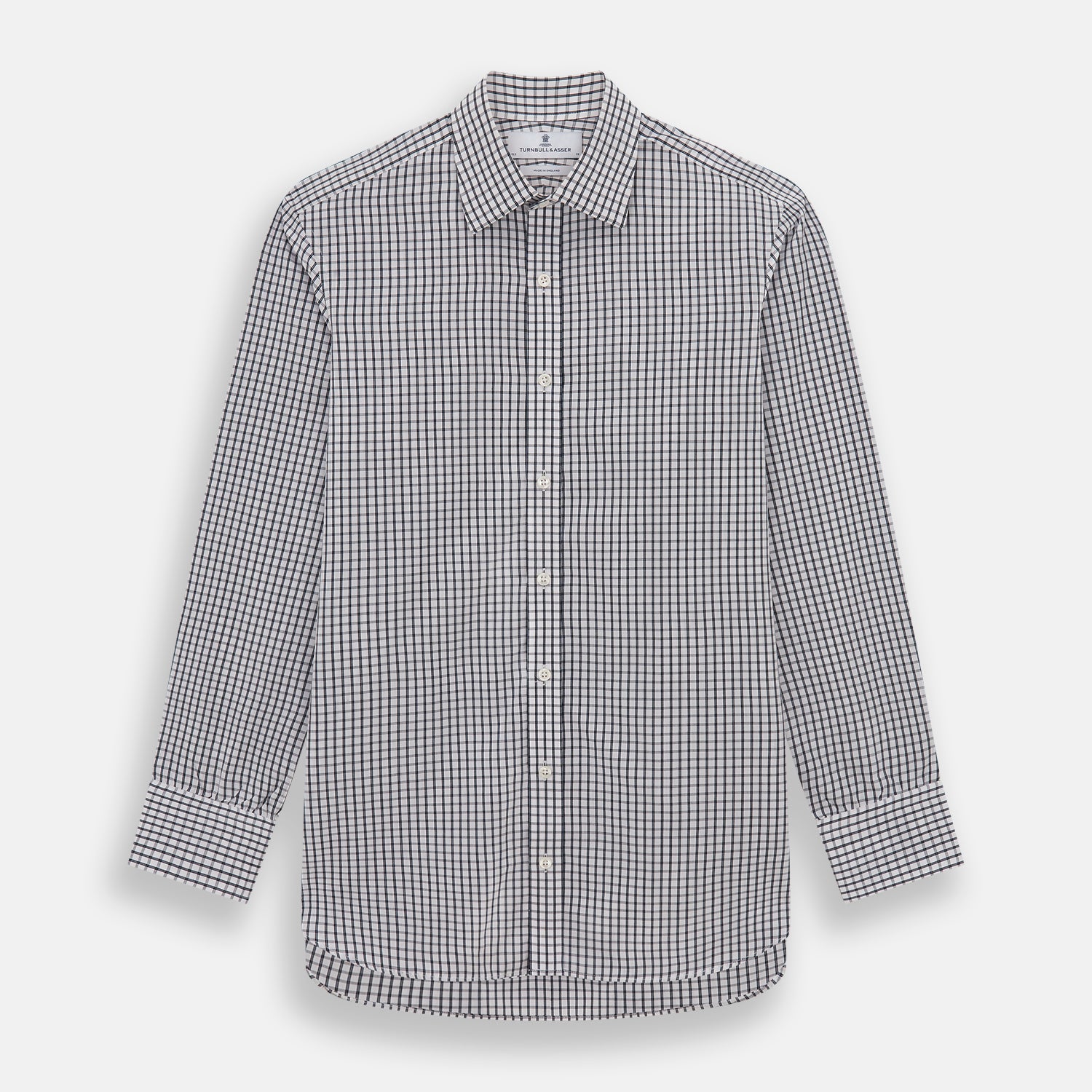 View 1 of product The Turnbull & Asser Midnight Blue Double Graph Check Mayfair Shirt features a pointed collar and buttoned cuffs. Crafted from breathable cotton, this stylish shirt ensures comfort and is shown against a white background.