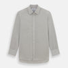 View 1 of product The Turnbull & Asser Pale Blue Fine Stripe Mayfair Shirt features a classic collar, white buttons, cuffs, a slightly curved hem, and subtle pale blue stripes for a formal tailored look. Displayed on a plain white background.
