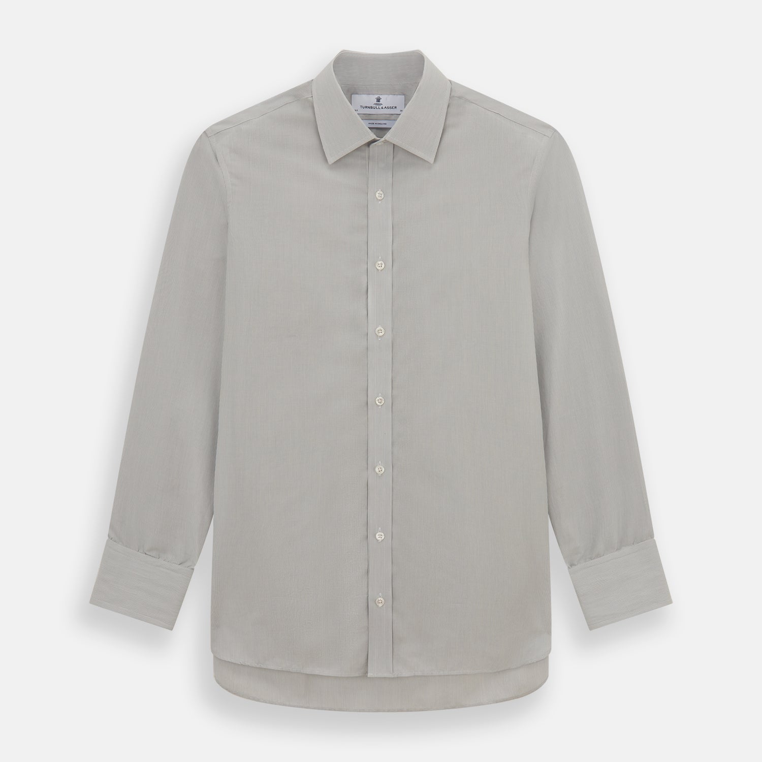 View 1 of product The Turnbull & Asser Pale Blue Fine Stripe Mayfair Shirt features a classic collar, white buttons, cuffs, a slightly curved hem, and subtle pale blue stripes for a formal tailored look. Displayed on a plain white background.