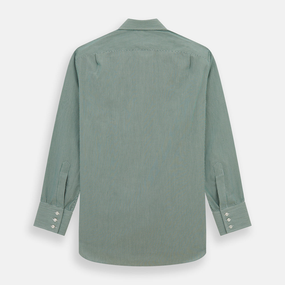 The Turnbull & Asser Green Fine Stripe Mayfair Shirt features long sleeves, a classic T&A collar, white buttons, and is showcased against a plain white background.