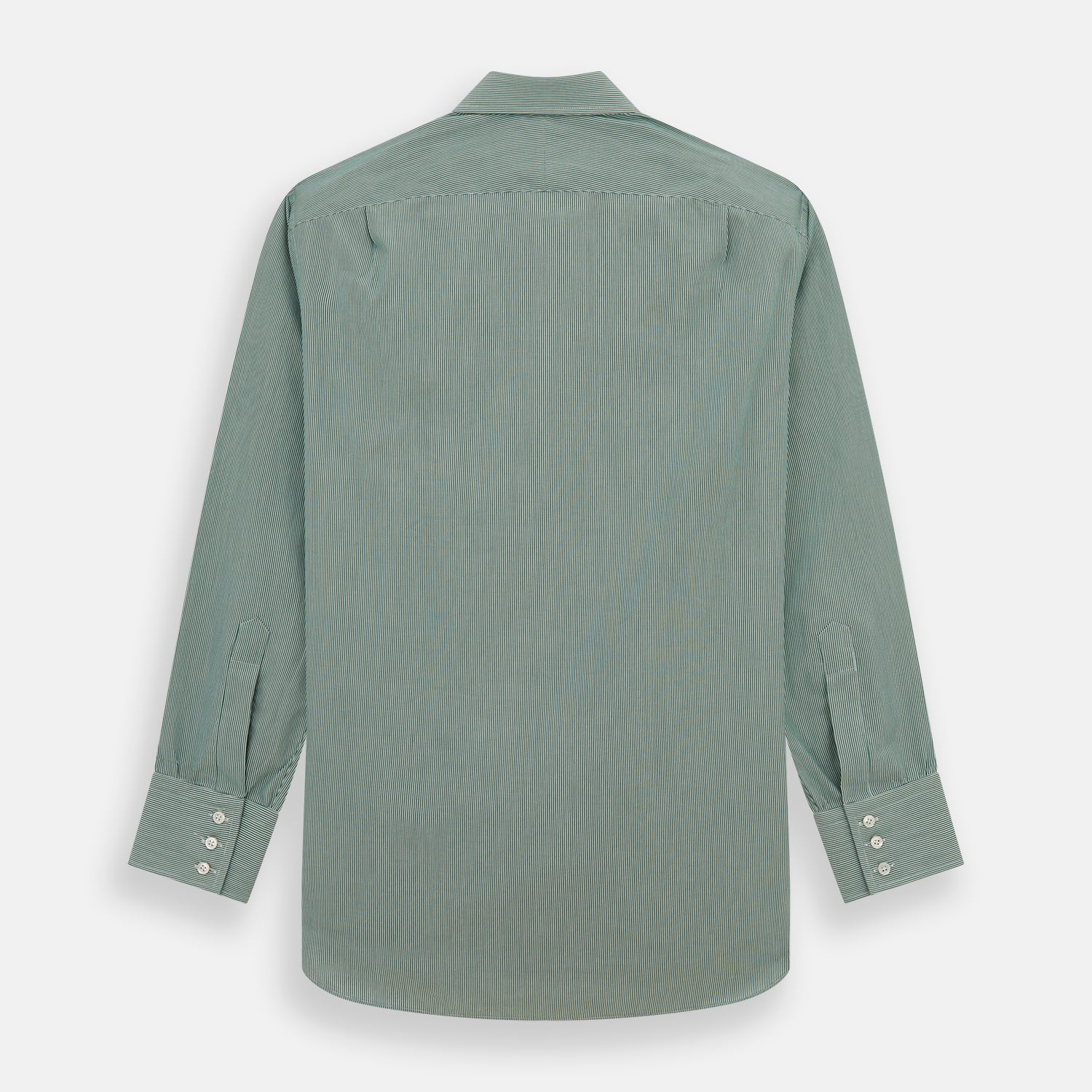 View 5 of product The Turnbull & Asser Green Fine Stripe Mayfair Shirt features long sleeves, a classic T&A collar, white buttons, and is showcased against a plain white background.