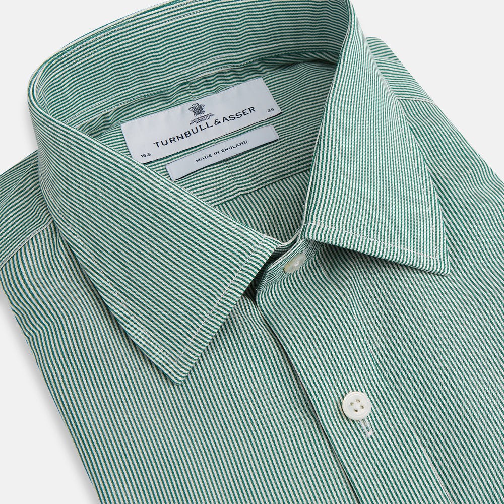 The Turnbull & Asser Green Fine Stripe Mayfair Shirt features long sleeves, a classic T&A collar, white buttons, and is showcased against a plain white background.