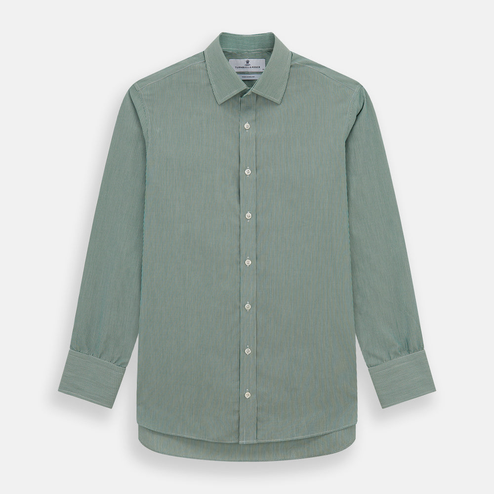The Turnbull & Asser Green Fine Stripe Mayfair Shirt features long sleeves, a classic T&A collar, white buttons, and is showcased against a plain white background.