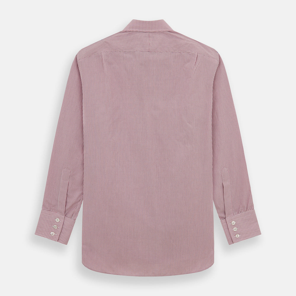 The Turnbull & Asser Pink Fine Graph Check Mayfair Shirt features long sleeves, breathable cotton, a pointed collar, 3-button cuffs, white buttons, and a red and white check pattern—shown on a plain white background.
