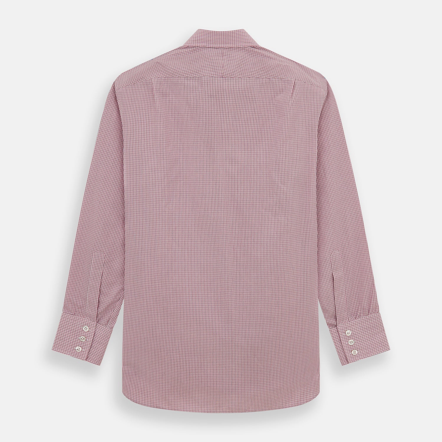 View 5 of product The Turnbull & Asser Pink Fine Graph Check Mayfair Shirt features long sleeves, breathable cotton, a pointed collar, 3-button cuffs, white buttons, and a red and white check pattern—shown on a plain white background.