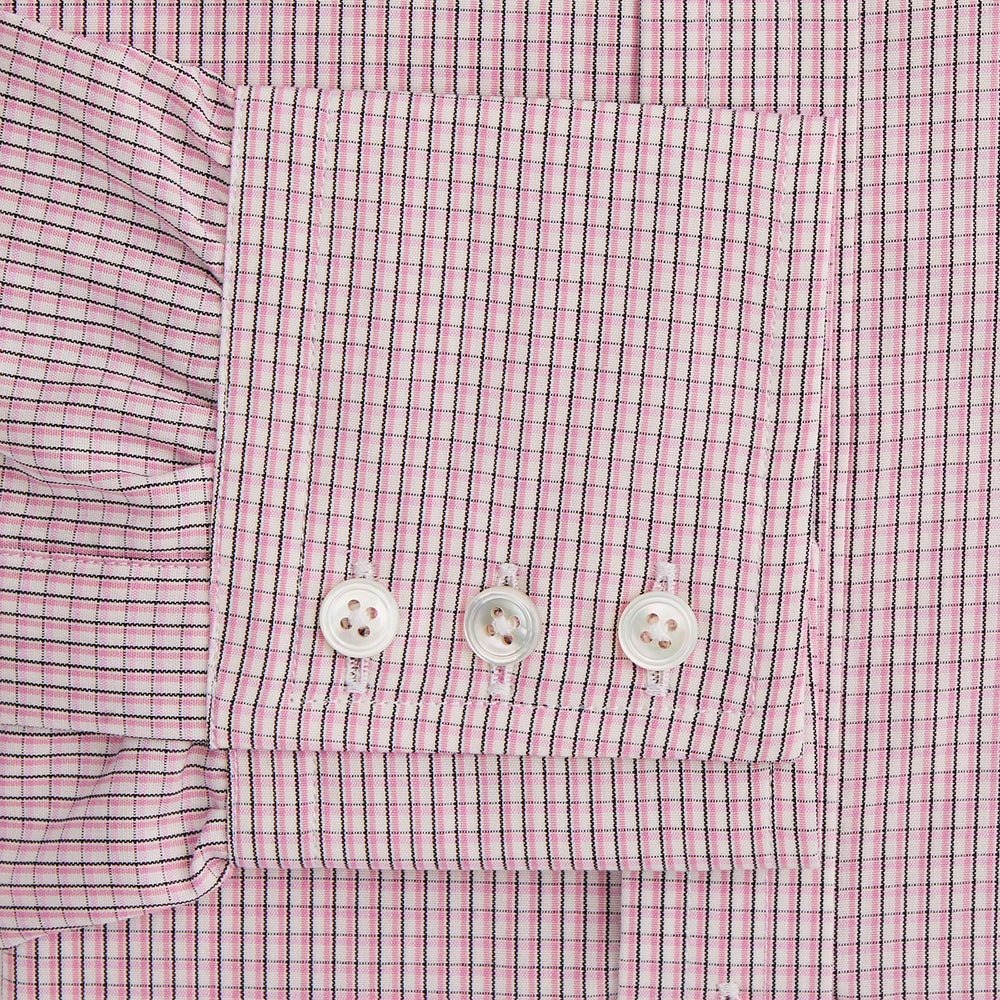 The Turnbull & Asser Pink Fine Graph Check Mayfair Shirt features long sleeves, breathable cotton, a pointed collar, 3-button cuffs, white buttons, and a red and white check pattern—shown on a plain white background.