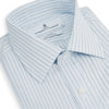 View 2 of product The Turnbull & Asser Blue Multi Pinstripe Mayfair Shirt is a long-sleeve, organic cotton dress shirt with button front, classic collar, and cuffs, shown on a white background.