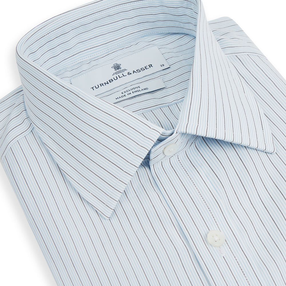 The Turnbull & Asser Blue Multi Pinstripe Mayfair Shirt is a long-sleeve, organic cotton dress shirt with button front, classic collar, and cuffs, shown on a white background.