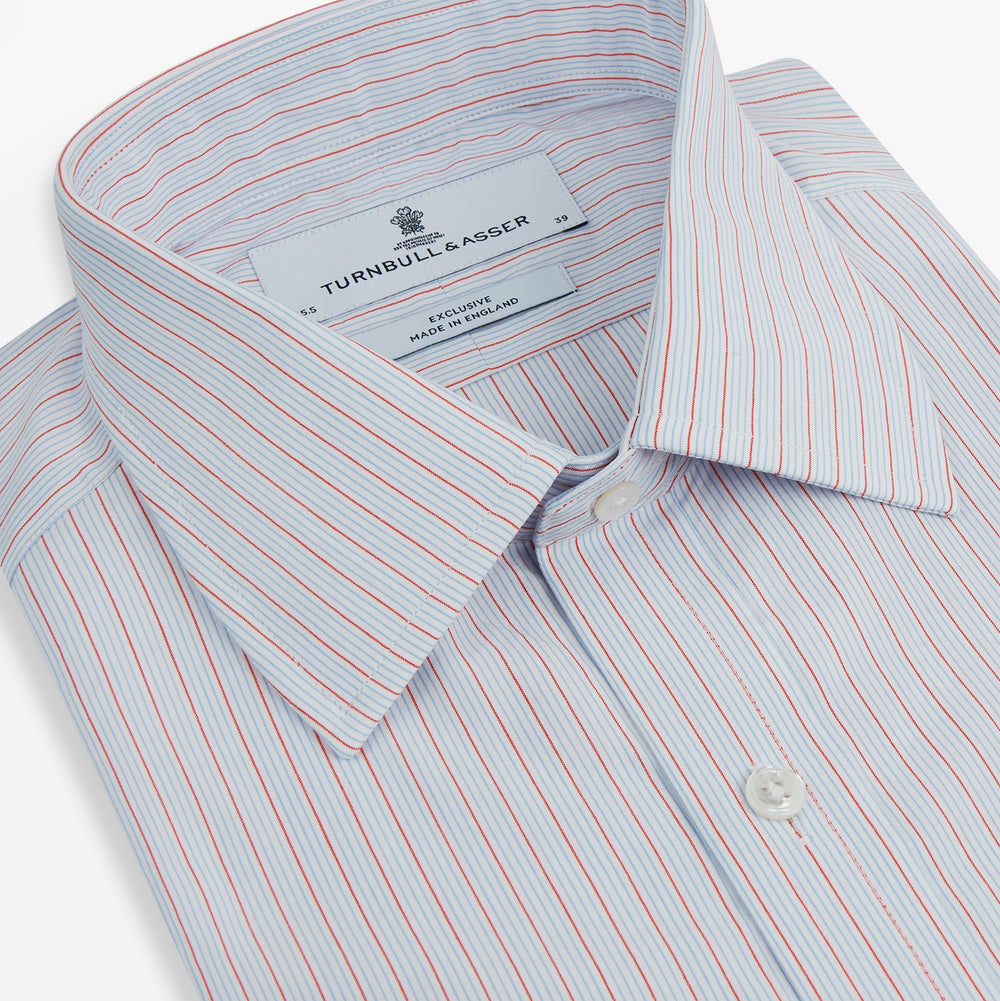 Red Multi Pinstripe Mayfair Shirt by Turnbull & Asser, featuring colorful vertical pinstripes and a classic T&A collar, crafted from soft organic cotton, shown laid flat on a white background.