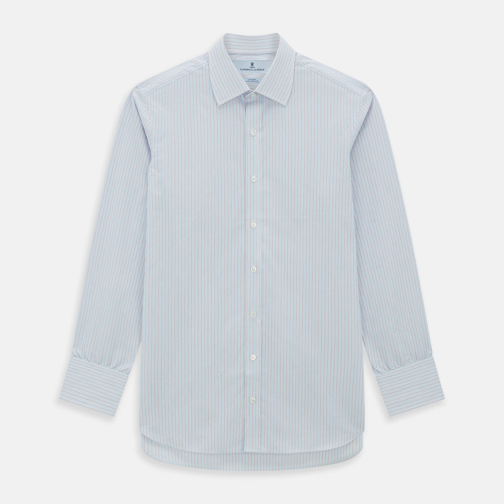 Red Multi Pinstripe Mayfair Shirt by Turnbull & Asser, featuring colorful vertical pinstripes and a classic T&A collar, crafted from soft organic cotton, shown laid flat on a white background.