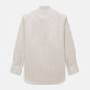 View 5 of product The Turnbull & Asser Pink Double Stripe Mayfair Shirt features long sleeves, a pointed T&A collar, and buttoned cuffs, crafted from organic cotton with pink double stripes on white, shown laid flat against a light background.