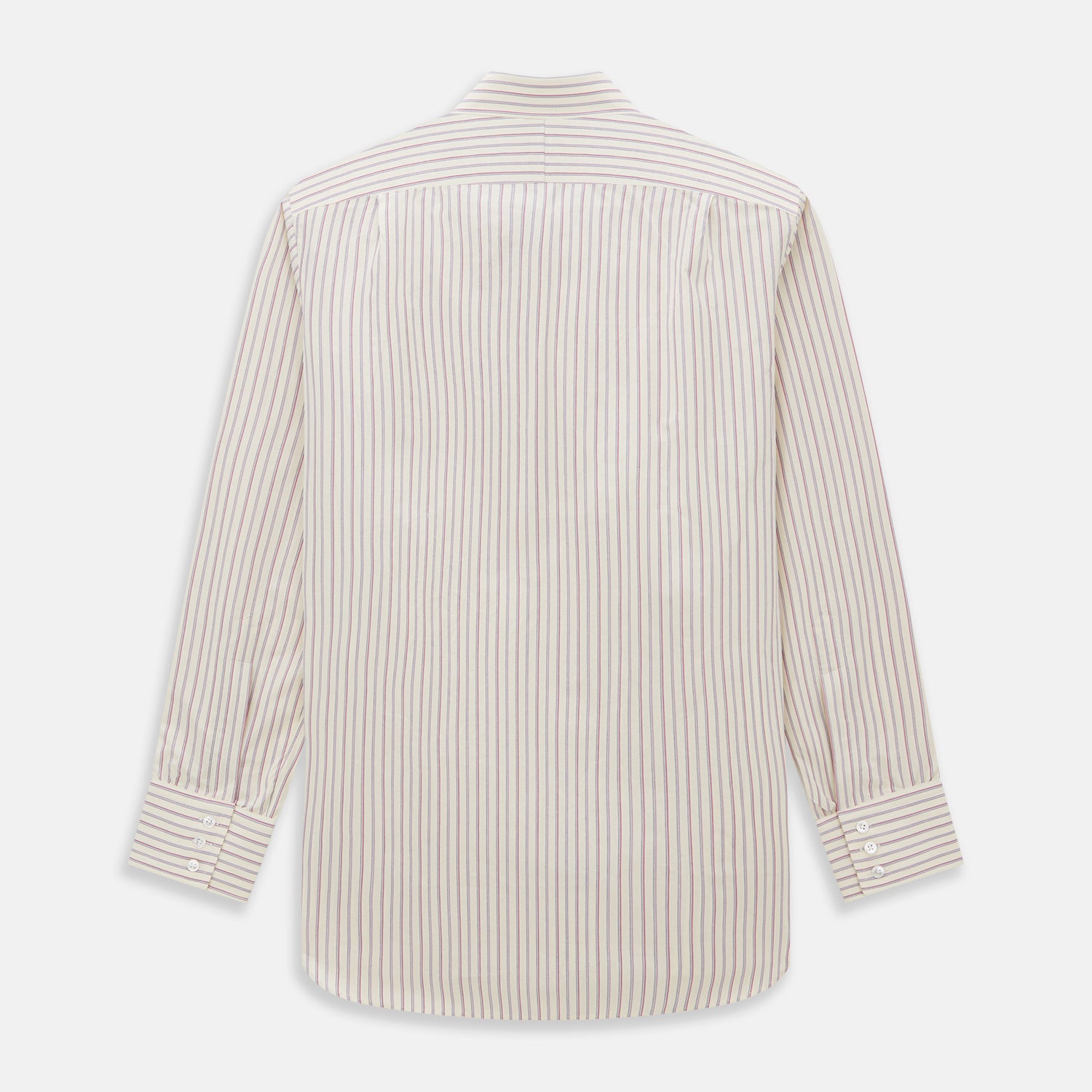 View 5 of product The Turnbull & Asser Pink Double Stripe Mayfair Shirt features long sleeves, a pointed T&A collar, and buttoned cuffs, crafted from organic cotton with pink double stripes on white, shown laid flat against a light background.