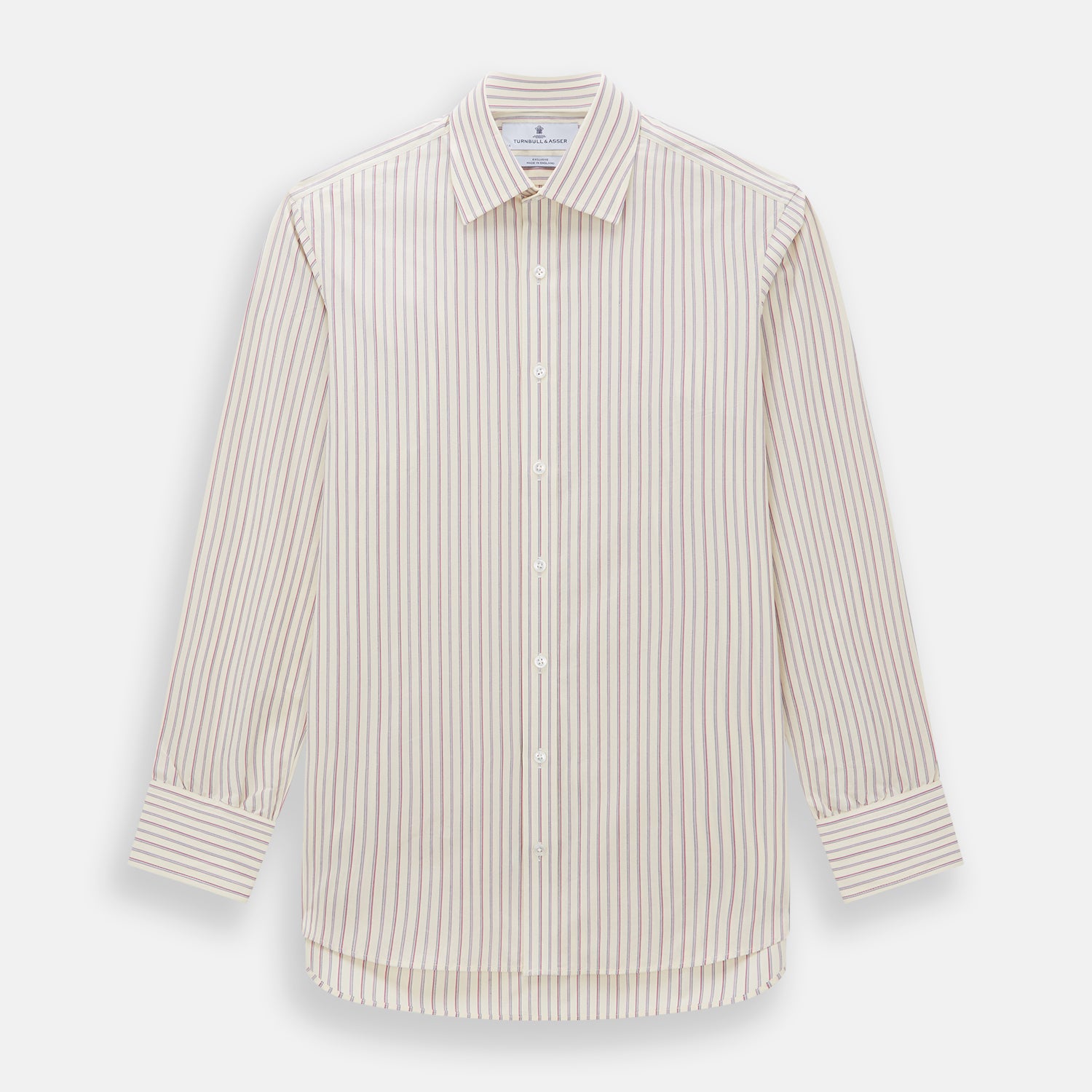 View 1 of product The Turnbull & Asser Pink Double Stripe Mayfair Shirt features long sleeves, a pointed T&A collar, and buttoned cuffs, crafted from organic cotton with pink double stripes on white, shown laid flat against a light background.