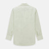 View 5 of product The Green Double Stripe Mayfair Shirt by Turnbull & Asser features light green and white vertical stripes, long sleeves, a T&A collar, and buttoned cuffs. Made from organic cotton and shown laid flat on a white background.
