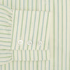 View 3 of product The Green Double Stripe Mayfair Shirt by Turnbull & Asser features light green and white vertical stripes, long sleeves, a T&A collar, and buttoned cuffs. Made from organic cotton and shown laid flat on a white background.