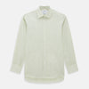 View 1 of product The Green Double Stripe Mayfair Shirt by Turnbull & Asser features light green and white vertical stripes, long sleeves, a T&A collar, and buttoned cuffs. Made from organic cotton and shown laid flat on a white background.