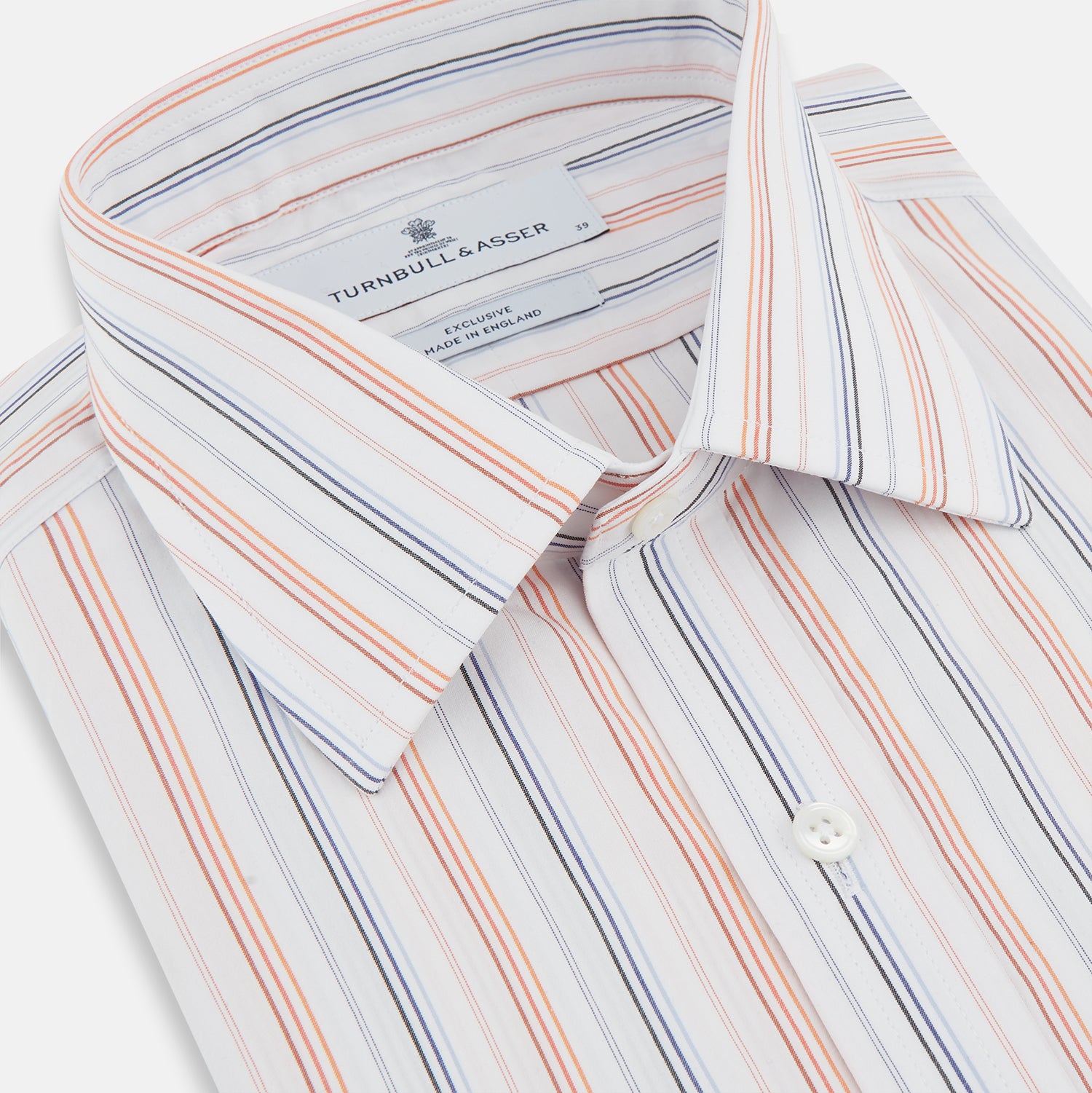 View 2 of product The Turnbull & Asser Orange and Blue Multi Stripe Mayfair Shirt is a long-sleeved, collared button-up made from organic cotton and features vibrant vertical stripes—an ideal summer staple.