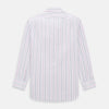 View 5 of product The Pink and Blue Multi Stripe Mayfair Shirt by Turnbull & Asser features vertical pastel stripes, a T&A collar, and buttoned cuffs. Made from organic cotton, the long-sleeve shirt is shown on a plain white background.