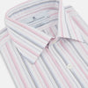 View 2 of product The Pink and Blue Multi Stripe Mayfair Shirt by Turnbull & Asser features vertical pastel stripes, a T&A collar, and buttoned cuffs. Made from organic cotton, the long-sleeve shirt is shown on a plain white background.