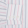 View 3 of product The Pink and Blue Multi Stripe Mayfair Shirt by Turnbull & Asser features vertical pastel stripes, a T&A collar, and buttoned cuffs. Made from organic cotton, the long-sleeve shirt is shown on a plain white background.