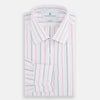 View 4 of product The Pink and Blue Multi Stripe Mayfair Shirt by Turnbull & Asser features vertical pastel stripes, a T&A collar, and buttoned cuffs. Made from organic cotton, the long-sleeve shirt is shown on a plain white background.