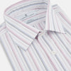 View 2 of product The Turnbull & Asser Purple and Blue Multi Stripe Mayfair Shirt features long sleeves, a classic T&A collar, buttoned cuffs, tailored fit, and organic cotton construction. Displayed on a plain white background.