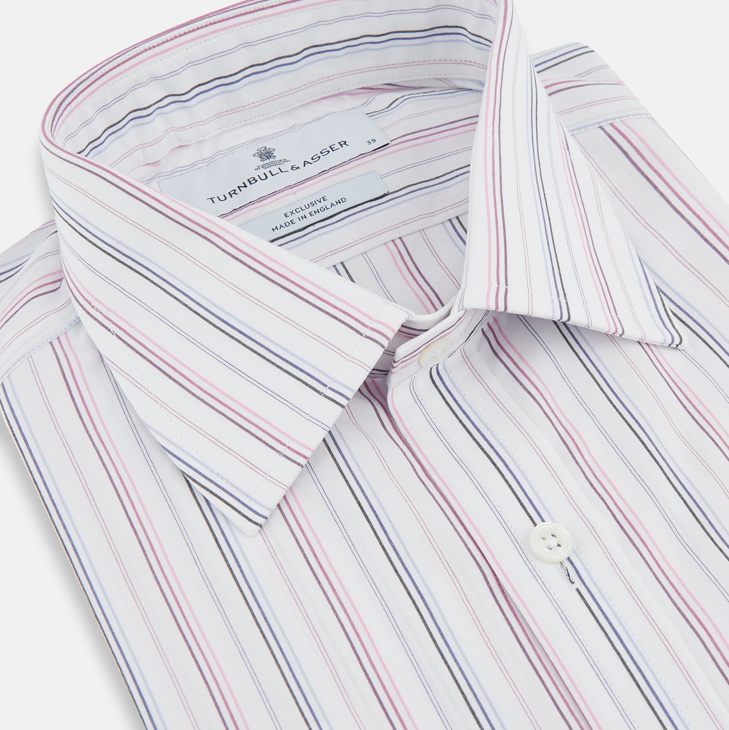 View 2 of product The Turnbull & Asser Purple and Blue Multi Stripe Mayfair Shirt features long sleeves, a classic T&A collar, buttoned cuffs, tailored fit, and organic cotton construction. Displayed on a plain white background.