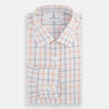 View 4 of product The Orange and Blue Multi Check Mayfair Shirt by Turnbull & Asser is an organic cotton summer staple, featuring long sleeves and a light blue, orange, and white plaid pattern.